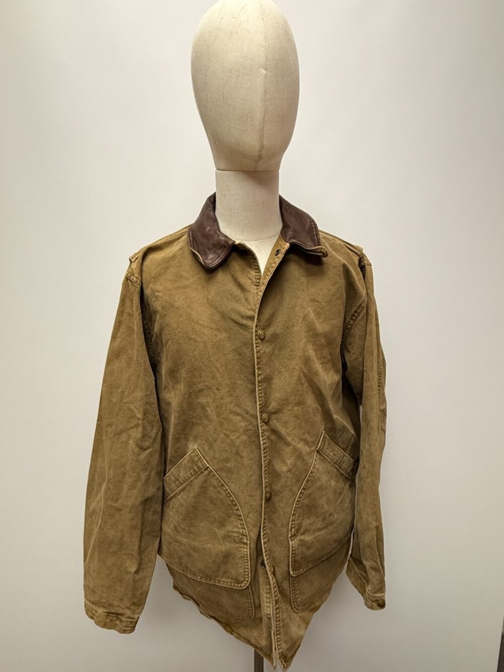 Vintage Woolrich USA Canvas Chore Jacket Mens Large Leather Collar Brown Workwea